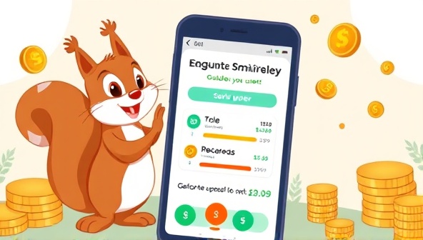 An engaging and colorful illustration of a friendly squirrel character guiding users through the SavvySquirrel app interface, with gamified elements like coins, rewards, and progress bars displayed on the screen, creating a fun and inviting atmosphere that encourages financial engagement and achievement.