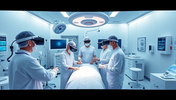 An immersive VR simulation scene depicting a healthcare training scenario with medical professionals practicing surgical procedures in a realistic virtual operating room, showcasing the platform's educational value and practical applications for training purposes.