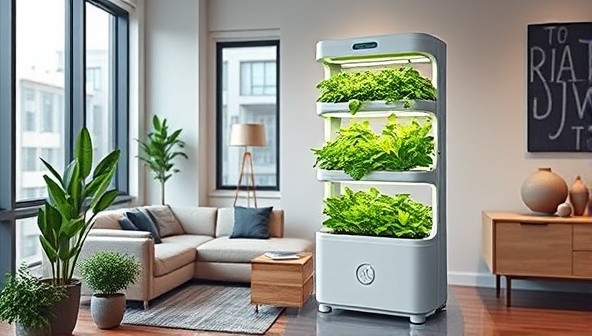 An artistic representation of a compact, stylish indoor vertical farming kit displayed in a modern urban apartment setting, showcasing the ease and elegance of growing fresh greens at home.