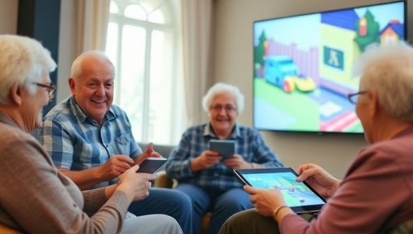 A group of seniors smiling and interacting while playing engaging games on tablets and large touchscreens in a cozy lounge setting, showcasing the social and recreational benefits of the interactive gaming experience designed for the elderly.