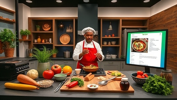 A virtual cooking studio setup with a chef conducting a live cooking demonstration, showcasing fresh ingredients, cooking utensils, and a digital recipe display, creating an immersive and educational culinary experience representative of GourmetCraft Studio's online workshop platform.