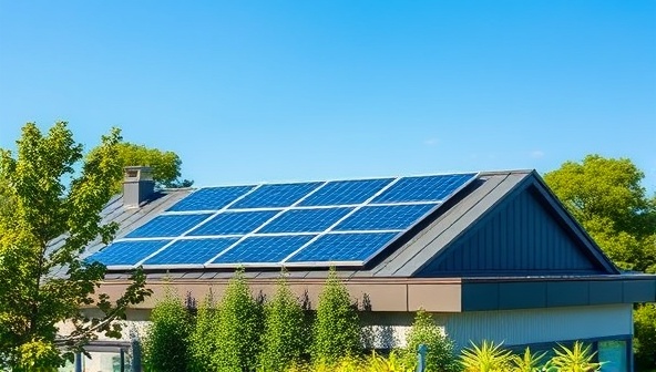 A modern rooftop with solar panels installed, surrounded by lush greenery under a clear blue sky, symbolizing clean and sustainable energy solutions.