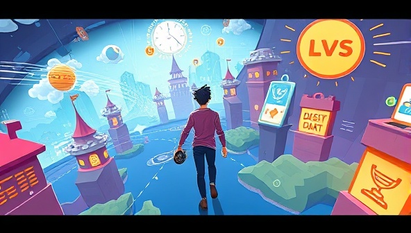An imaginative visual of a user avatar navigating through a virtual world filled with design challenges and rewards, showcasing the gamified learning experience offered by DesignQuest in a visually engaging and interactive way.
