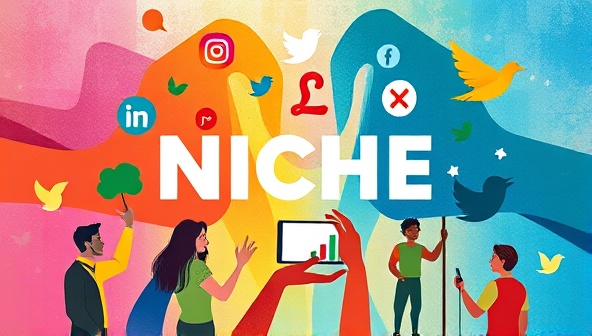 An artistic representation of a niche community engagement on social media, with vibrant colors and specific symbols representing the uniqueness of the niche market, highlighting the tailored approach of NicheReach.
