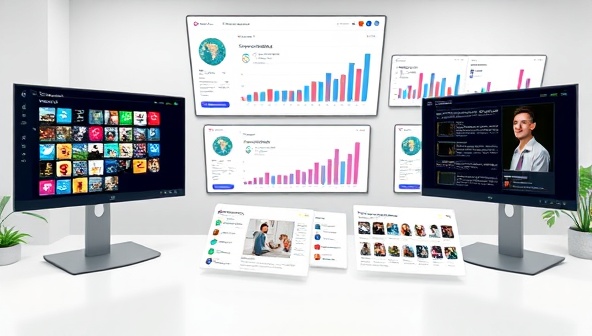 A digital workspace with multiple screens displaying various social media platforms, charts showing engagement metrics, and a mood board with influencer profiles and campaign ideas, creating a dynamic and creative environment.