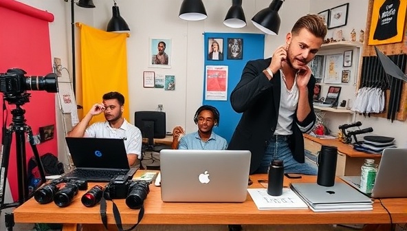An influencer's creative workspace filled with cameras, laptops, colorful backgrounds, and branded merchandise, reflecting a vibrant and engaging environment that epitomizes personal branding success.