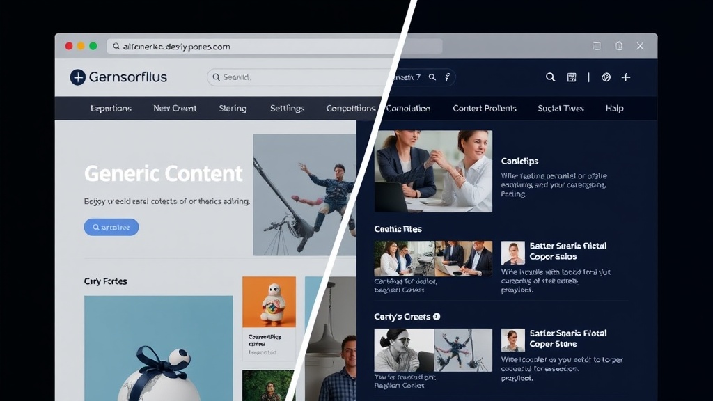 An engaging visual of a website split into two sections, one showing generic content and the other personalized content based on user preferences, highlighting the impact of AI-powered personalization.