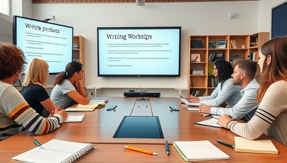 An online classroom setting with a diverse group of writers attending a virtual writing workshop, with writing prompts on the screen, notebooks, and pens scattered around, creating a collaborative and creative learning environment.