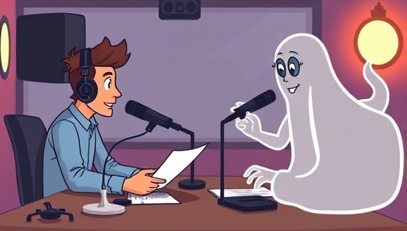 An animated scene of a podcast host recording in a studio while a ghostwriter, represented by a ghostly figure with a pen, collaborates with the host on the script, capturing the dynamic and collaborative nature of the PodPenPal service.