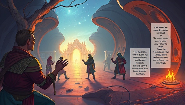 An illustrative scene from an interactive storytelling game, featuring a player making a crucial decision that influences the game's narrative, surrounded by captivating visuals and text-based choices, highlighting the immersive and engaging nature of NarrativeQuest.