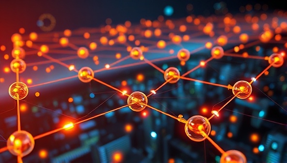 A futuristic visualization of a smart grid network with interconnected energy nodes and data streams, showcasing the optimization capabilities and sustainability benefits of GridSmart Optimize in a digitally transformed energy landscape.