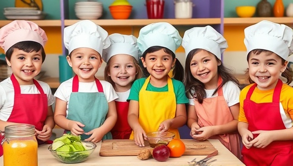 A colorful kitchen setting with a group of enthusiastic children wearing chef hats and aprons, surrounded by ingredients and cooking utensils, eagerly participating in a hands-on cooking activity, radiating joy and creativity.