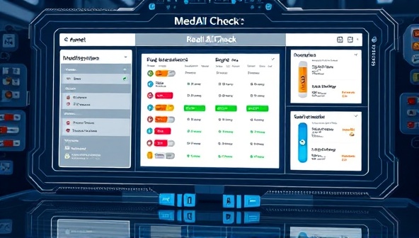 An innovative digital tool interface showcasing the MedAI Check platform analyzing drug interactions in real-time, with colorful visual representations of medication interactions and safety alerts, creating a futuristic and informative online drug interaction analyzer experience.