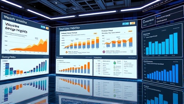 An immersive data visualization display showcasing website performance metrics and design insights in a futuristic digital environment, with interactive graphs and charts representing user behavior patterns and design optimization suggestions, reflecting the data-driven approach of DesignDataInsights.