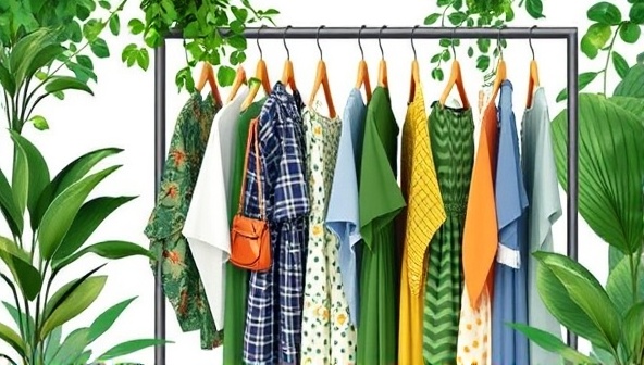 An artistic representation of a clothing rack filled with stylish and sustainable fashion pieces, surrounded by green foliage and eco-friendly materials, symbolizing the chic and eco-conscious ethos of Green Threads Exchange in promoting sustainable fashion choices.