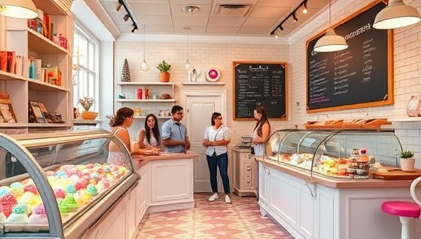 An artisanal ice cream parlor interior with a whimsical ice cream display showcasing a variety of colorful and decadent flavors, a team of cheerful scoopers serving delighted customers, and a chalkboard menu highlighting the day's special creations, exuding a fun and inviting atmosphere perfect for a sweet escape.