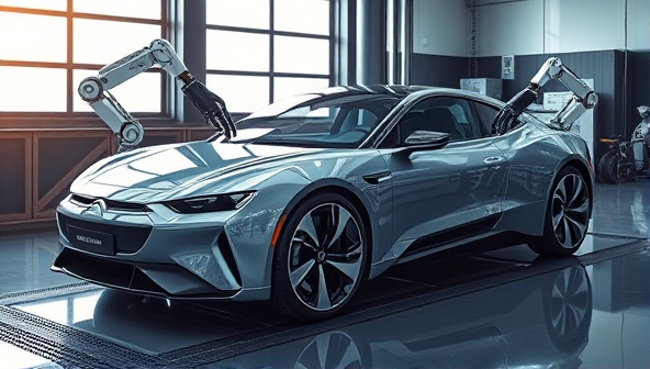 An artistic representation of a sleek autonomous vehicle being serviced by digital AI arms, symbolizing futuristic maintenance and care for cutting-edge technology.
