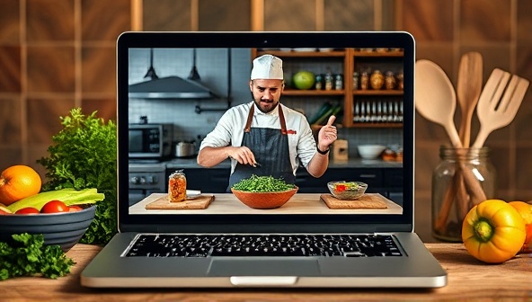 An interactive cooking session on a laptop screen featuring a chef demonstrating a recipe, surrounded by fresh ingredients and cooking utensils, creating a vibrant and engaging virtual cooking environment.