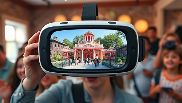 An immersive VR headset displaying a vibrant local attraction scene, surrounded by amazed virtual tourists experiencing the location from the comfort of their homes, evoking a sense of wonder and exploration.