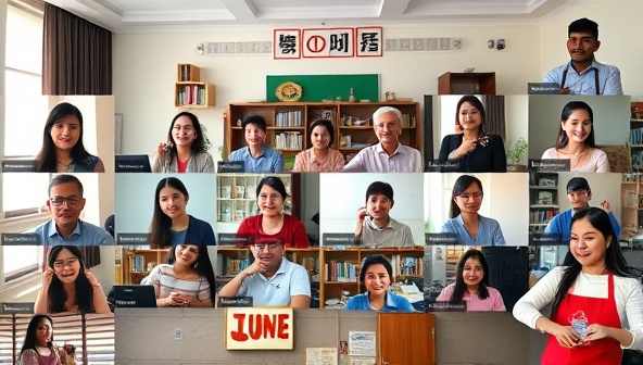 A vibrant virtual classroom setting with a diverse group of participants engaging in a language lesson, cultural activity, or cooking demonstration, illustrating a dynamic and interactive global learning experience.