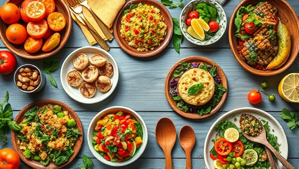 An artistic flat lay of vibrant plant-based dishes, colorful ingredients, and kitchen utensils arranged in a visually appealing and appetizing composition, highlighting the diversity and creativity of plant-based cooking featured in the GreenEats recipe app.