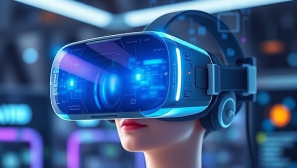 A virtual reality headset displaying a futuristic website design environment, with holographic elements and interactive features, illustrating the innovative and immersive nature of VR website design.