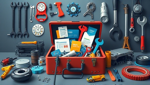 An educational graphic featuring a virtual toolbox filled with digital tools and tutorials, surrounded by automotive components and maintenance equipment, symbolizing the platform's comprehensive and hands-on approach to car maintenance training.