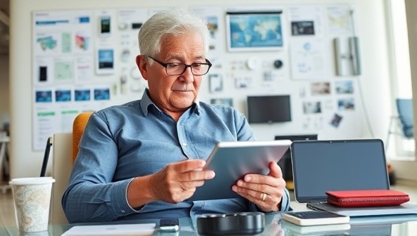 An engaging and inclusive image showcasing a senior individual confidently navigating a travel app on a tablet, with a diverse range of travel tech devices and tools displayed around them, illustrating the empowerment and independence that tech solutions bring to senior travelers.