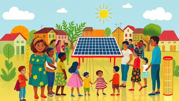 An artistic representation of a vibrant community sharing solar energy credits, with diverse individuals and families connecting to a central solar farm through digital interfaces, symbolizing a collaborative approach to sustainable energy usage.
