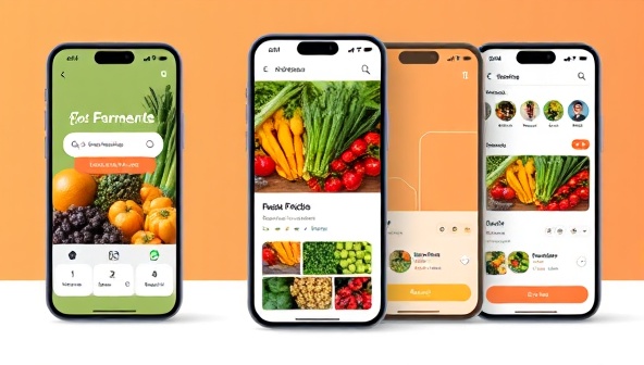 An engaging app interface mockup displaying vibrant images of fresh produce, farmer profiles, and easy navigation features, conveying a seamless and appealing user experience for discovering and purchasing local products.