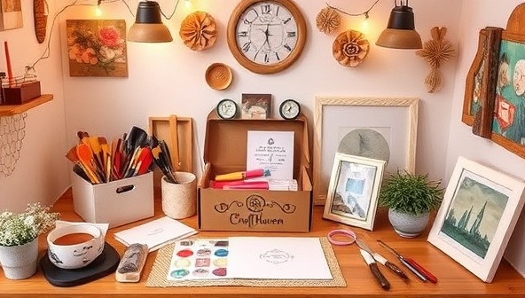 A cozy and creative visual representation of CraftHaven's crafting subscription box, featuring a beautifully styled workspace with artistic materials, tools, and finished DIY home decor pieces, exuding a warm and inviting atmosphere that inspires subscribers to unleash their creativity and craft their unique home decor treasures.