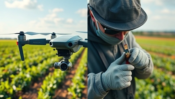 An agricultural field with a drone flying overhead, capturing detailed images of crop health, juxtaposed with a close-up of a technician carefully repairing a high-tech agricultural drone, symbolizing the seamless integration of cutting-edge technology and expert maintenance services.