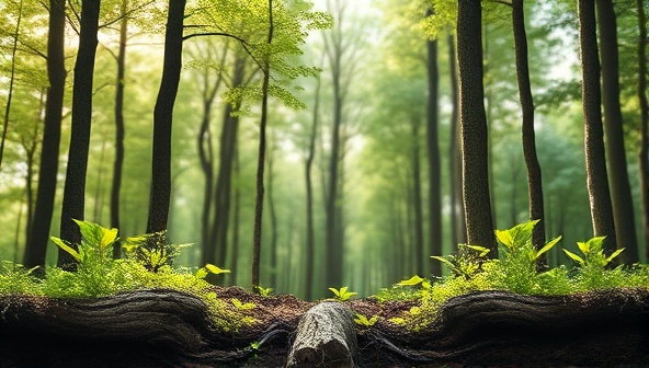 An artistic representation of a digital forest landscape with eco-friendly design tools and elements growing from the ground, symbolizing the organic and sustainable approach of EcoDesign Hub to web design, visually appealing and environmentally conscious.