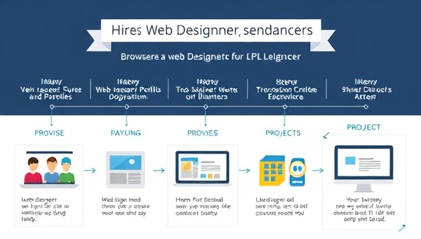 An engaging infographic depicting the seamless process of hiring a web designer through DesignLancer, from browsing profiles to project completion, highlighting the platform's user-friendly interface and diverse design options.