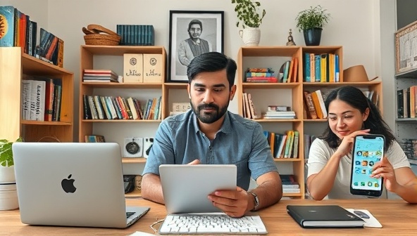An online language learning session with a tutor engaging with a diverse group of students through a virtual classroom, displaying language textbooks, cultural artifacts, and language learning apps, creating an immersive and interactive learning environment.