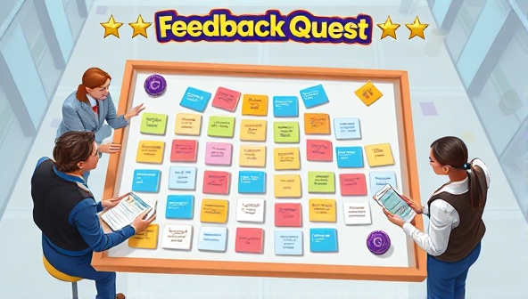 An artistic representation of a virtual game board with colorful feedback cards, stars, and badges, surrounded by happy customers and business owners interacting and providing feedback, symbolizing engagement and collaboration in FeedbackQuest.