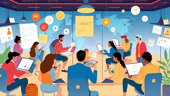 An engaging illustration of diverse characters immersed in a virtual design world, working on their creative projects and sharing feedback, fostering a sense of community and collaboration within the DesignQuest platform.