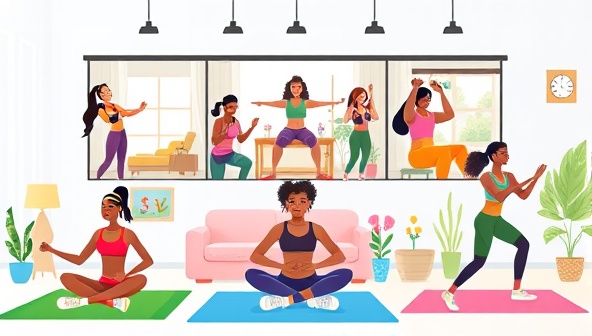 A vibrant digital illustration showing a diverse group of individuals working out in different settings, from home to outdoors, with virtual trainers guiding them through exercises, promoting inclusivity and motivation.