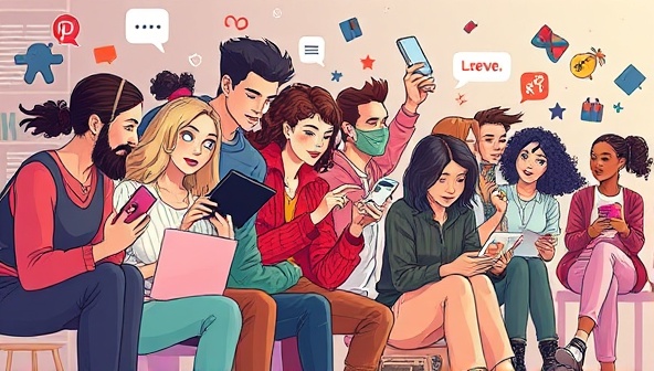 An artistic depiction of a diverse group of micro-influencers representing various niche markets, collaborating and sharing content on a digital platform, showcasing the community-driven and authentic nature of the Nichefluence Network.