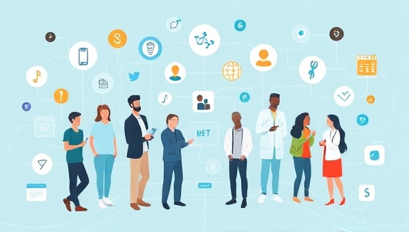 An engaging digital platform illustration showing diverse individuals connecting with researchers and healthcare professionals, surrounded by medical symbols and innovative technologies, highlighting the importance of virtual clinical trial recruitment services.
