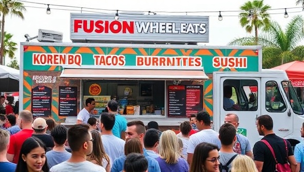 A vibrant food truck setup with a diverse menu board showcasing fusion dishes like Korean BBQ tacos, Indian-inspired burritos, and sushi burgers, surrounded by a bustling crowd of customers enjoying the culinary fusion experience at FusionWheel Eats.