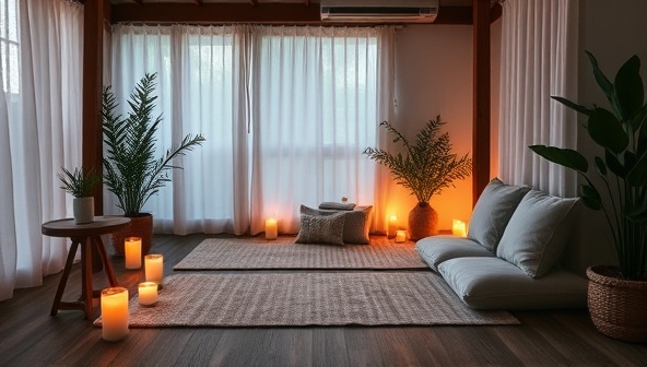 A serene and tranquil setting with soft lighting, aromatic candles, calming essential oils, and a cozy meditation corner with cushions and yoga mats, creating a peaceful retreat ambiance that embodies the essence of Serenity Escape Retreats.