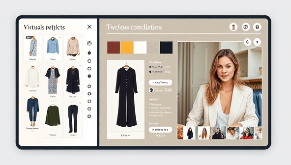A sleek and modern virtual styling platform interface displaying a variety of outfit options, color palettes, and accessory suggestions, with a virtual stylist engaging in a live video consultation with a client, creating a seamless and interactive shopping experience.