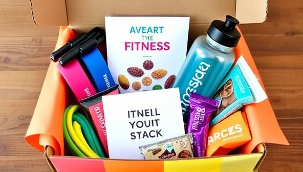 A colorful and vibrant subscription box filled with fitness goodies like resistance bands, protein bars, a water bottle, and a workout plan, arranged neatly with a motivational quote card, conveying energy and excitement for fitness.