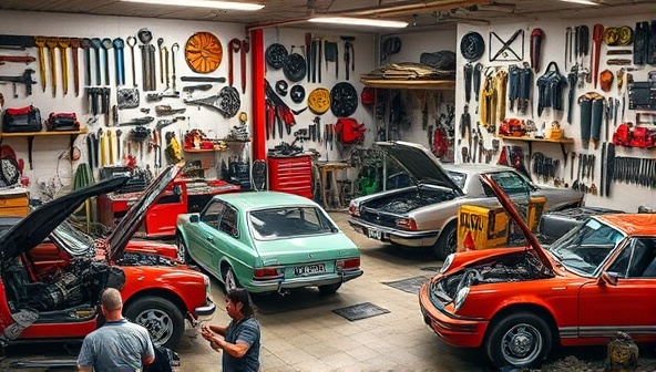 A vibrant workshop setting with various tools hanging on the walls, cars in different stages of repair, and enthusiasts collaborating on a project, fostering a sense of community and shared passion for automobiles.