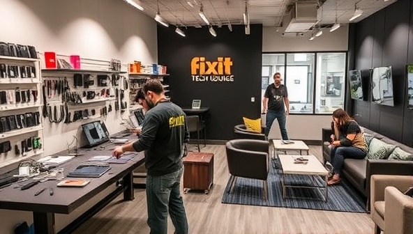 A modern tech lounge setting with repair technicians working on devices, shelves of spare parts and tools, customers waiting comfortably in a sleek lounge area, and a tech-savvy atmosphere reflecting the professionalism and expertise of the FixIT Tech Lounge.