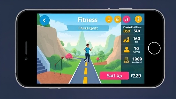 An engaging app interface showcasing a user completing a fitness quest in a virtual world, earning points and rewards, with motivational messages and progress tracking features, illustrating the fun and interactive nature of the gamified fitness experience.