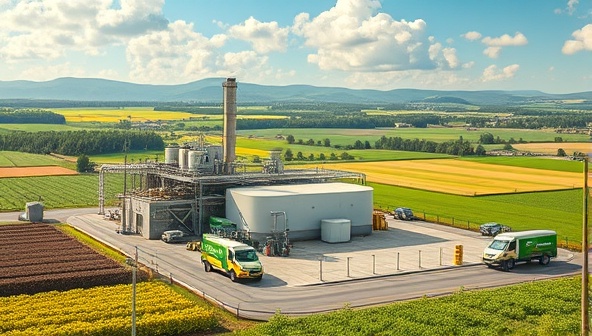 An artistic depiction of a biofuel production facility transforming organic waste into biofuels, with a backdrop of lush farmlands and clean energy vehicles fueling up with EcoFuel Harvest products, illustrating the cycle of sustainability and renewable energy generation.