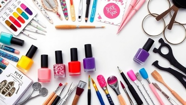 An artistic flat lay of colorful nail polish bottles, nail art tools, and intricate nail designs displayed on a virtual studio set-up, showcasing the creativity and vibrancy of PolishPalette Studio's nail art masterclasses and DIY kits in a visually appealing and inspirational manner.