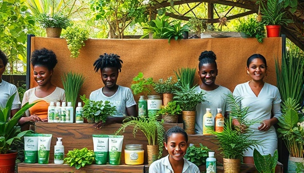 An aesthetically pleasing image featuring a diverse range of eco-friendly products displayed in a natural setting, surrounded by lush greenery and eco-conscious consumers, evoking a sense of sustainability and community connection.